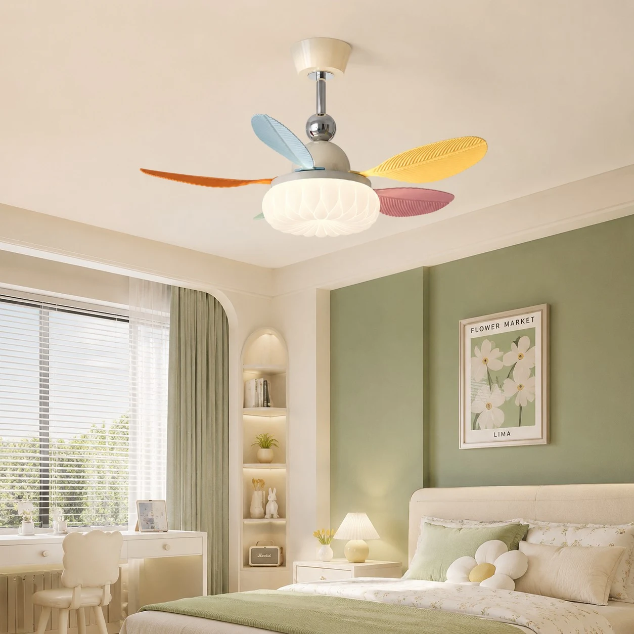 Colorful ceiling fan lamp installed in a green children room