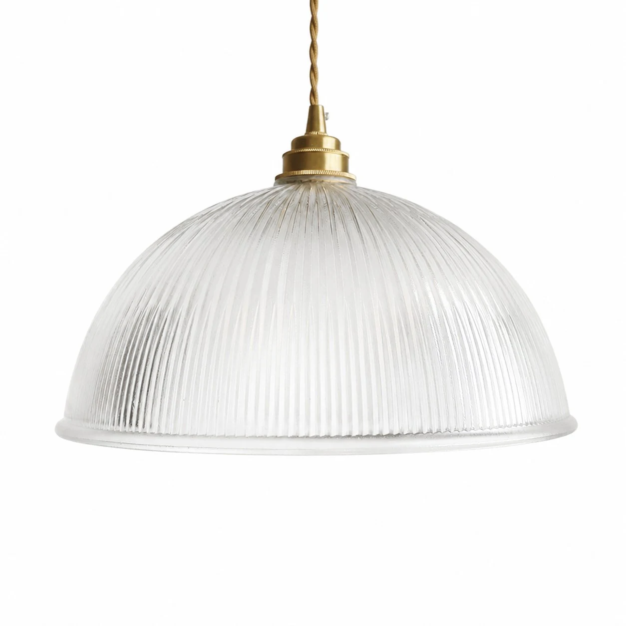 Clear ribbed glass pendant light on a white background