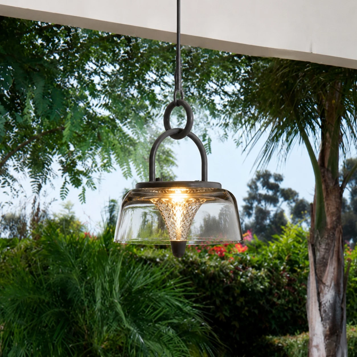 Clear black solar lantern hanging in a garden