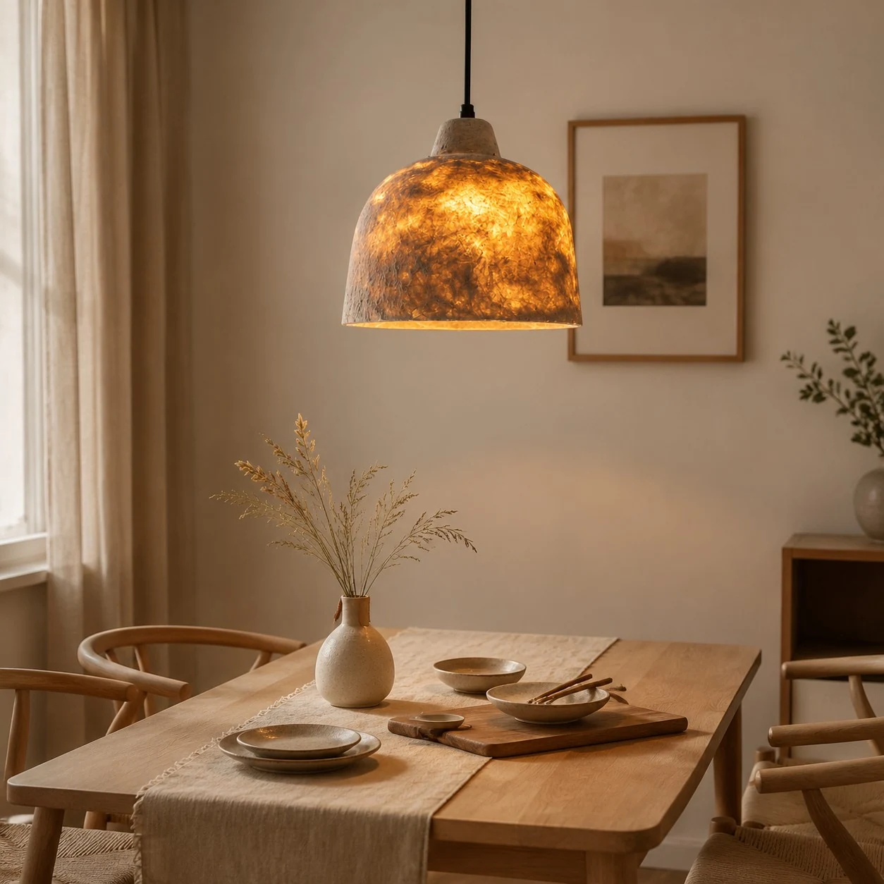Natural paper pendant light installed over a bright dining table