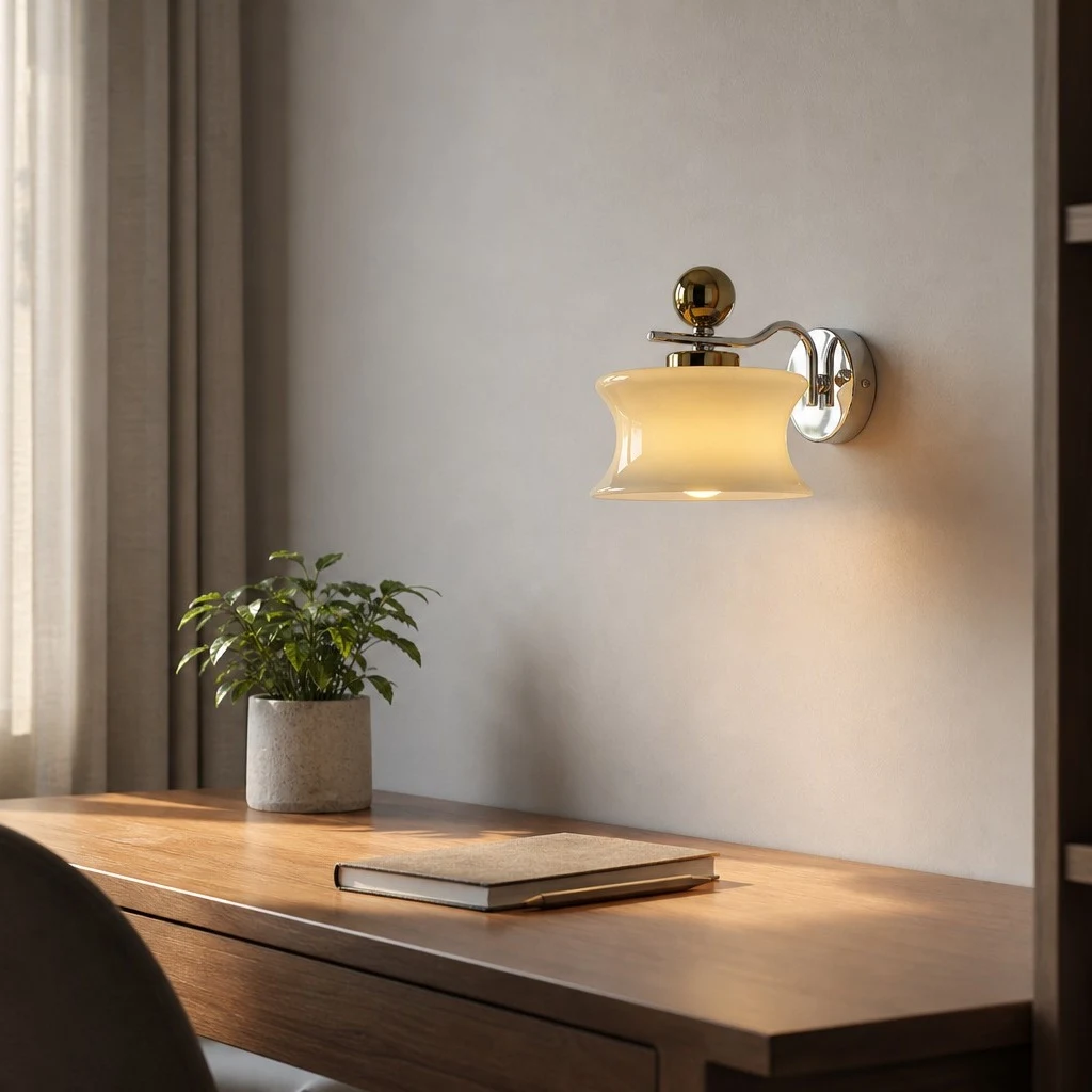 Cream glass wall lamp above a desk