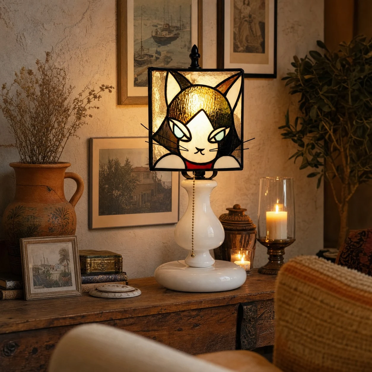 Smoke purple cat stained glass lamp glowing on a vintage console table