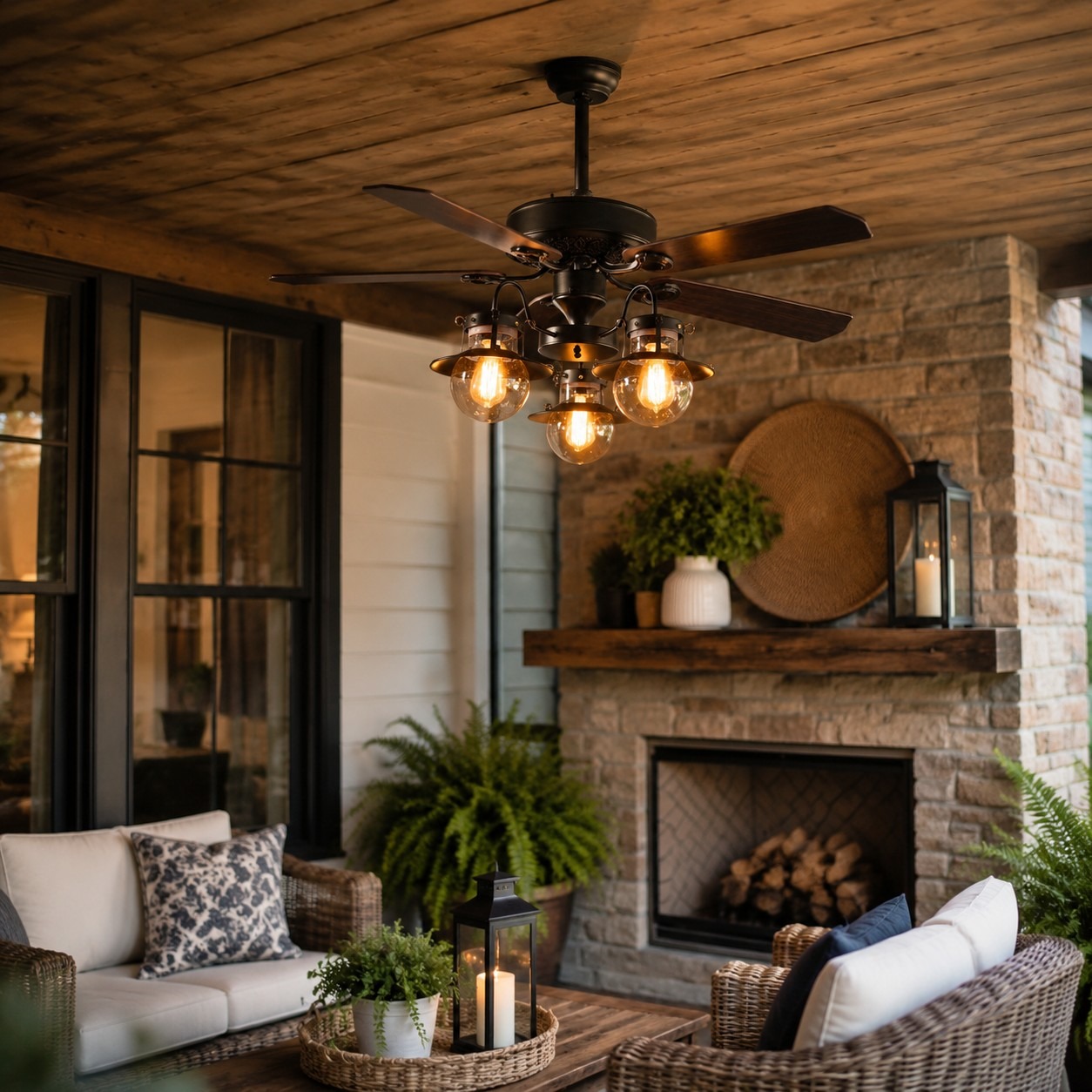 Ceiling fan light in a rustic room with fireplace
