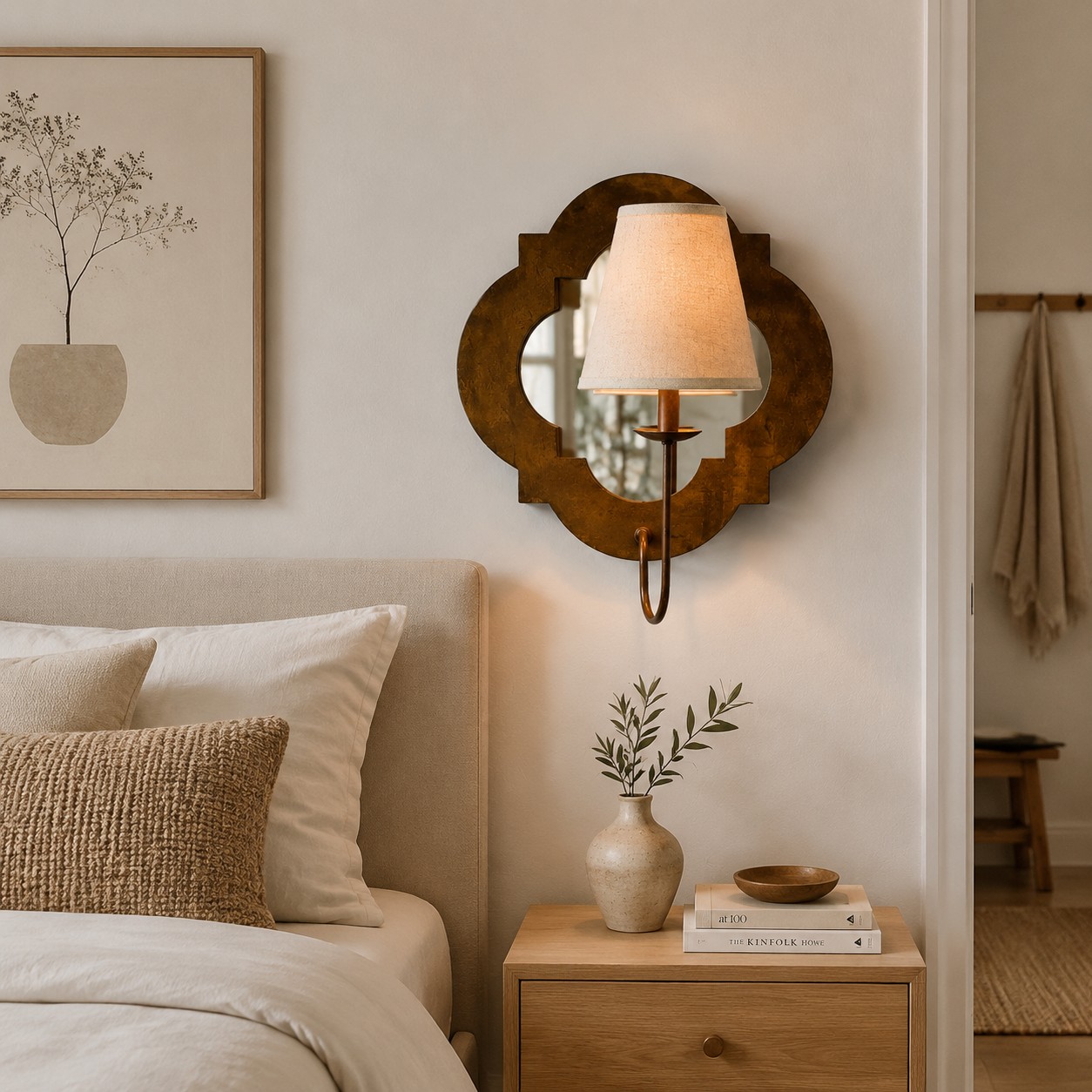 Antique Wood Wall Sconce With Fabric Shade
