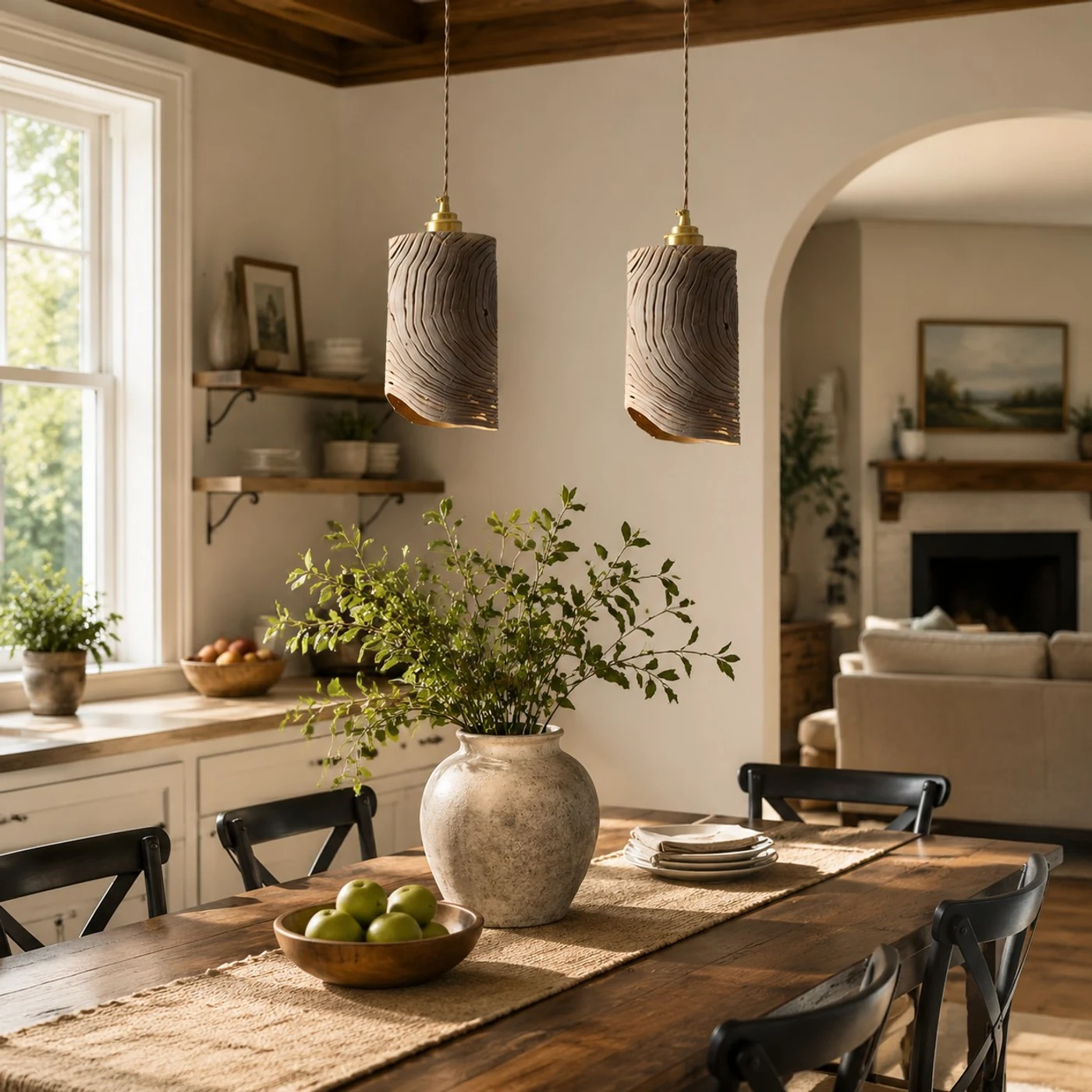 Two wooden pendant lights over dining table