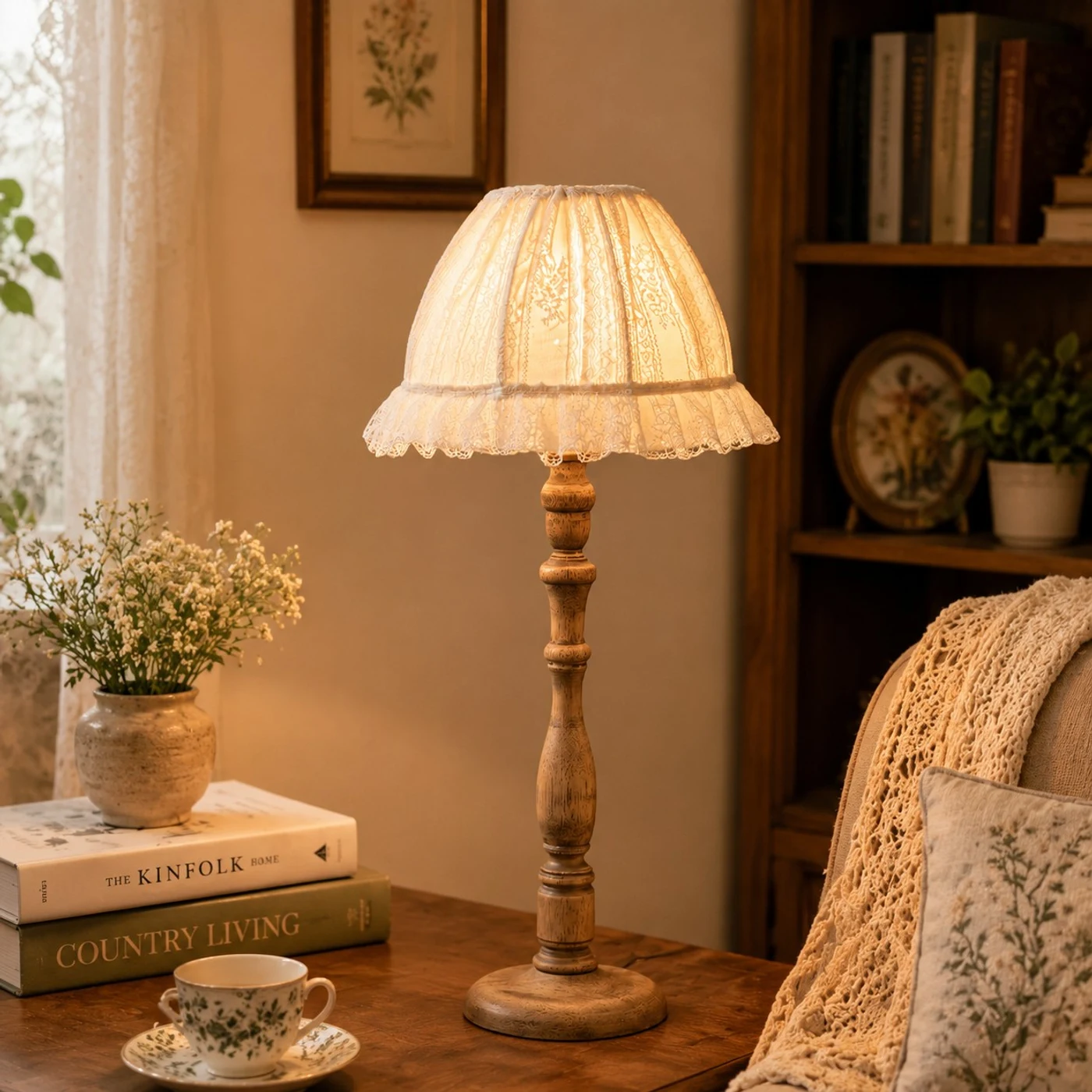 Vintage bedroom bedside scene with warm light