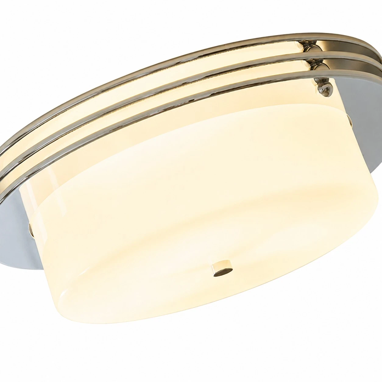 Milky glass shade below polished chrome trim