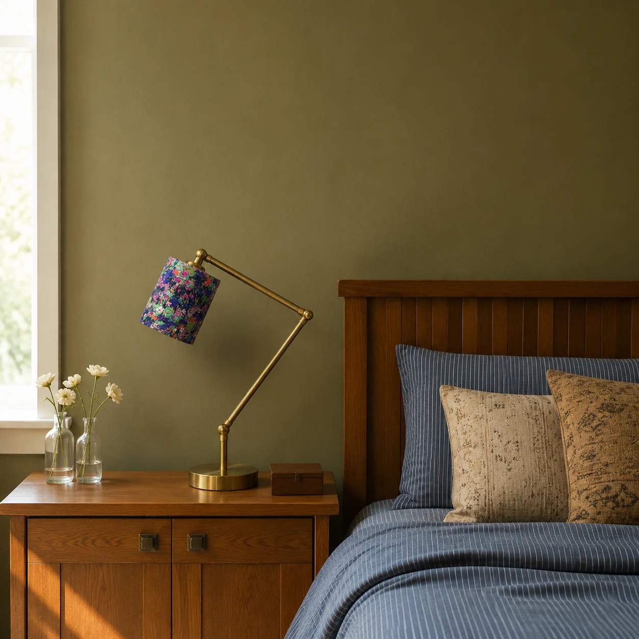 Purple floral table lamp on a bedside table beside a wooden bed