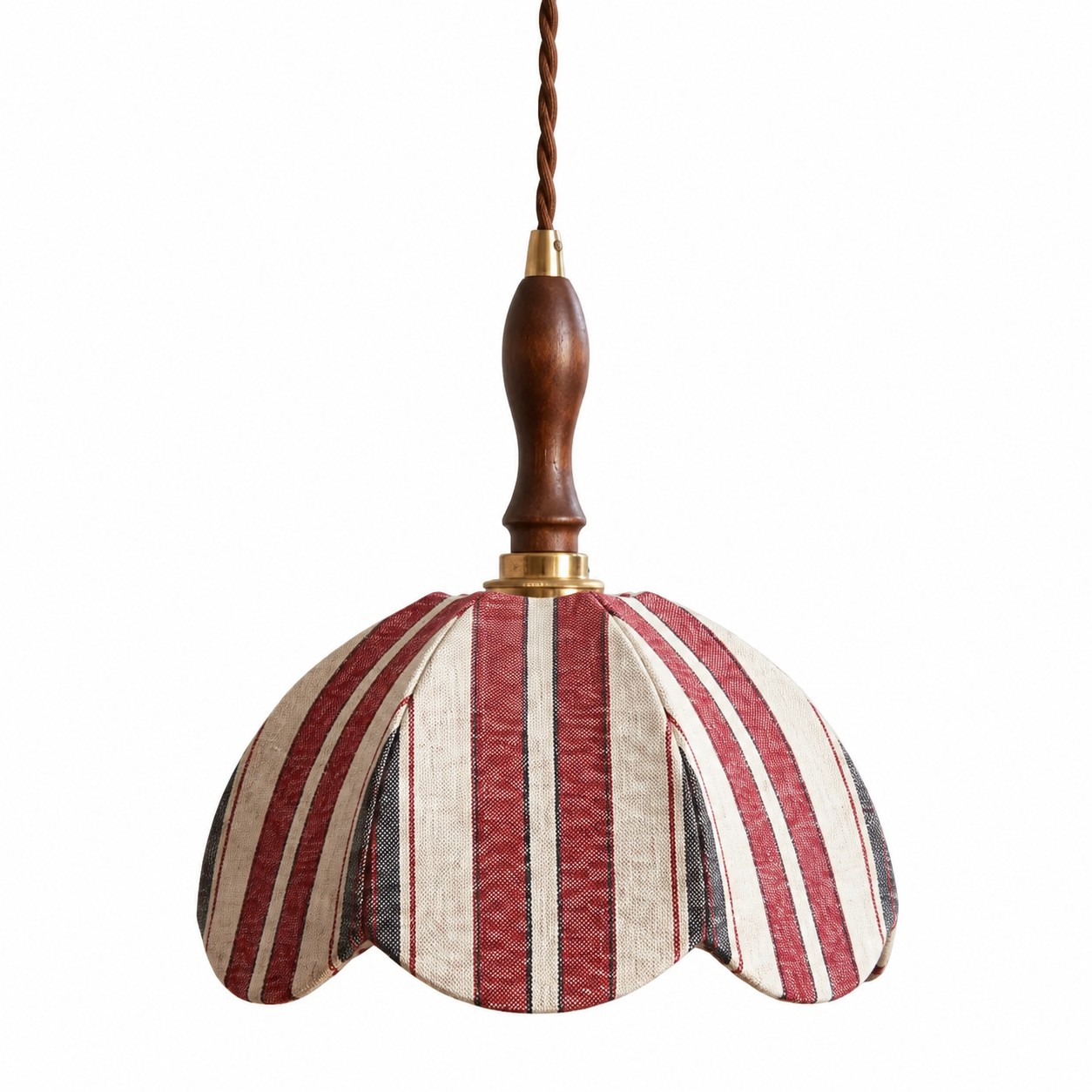 Red and ivory striped fabric pendant lamp with dark wood handle and brass connector