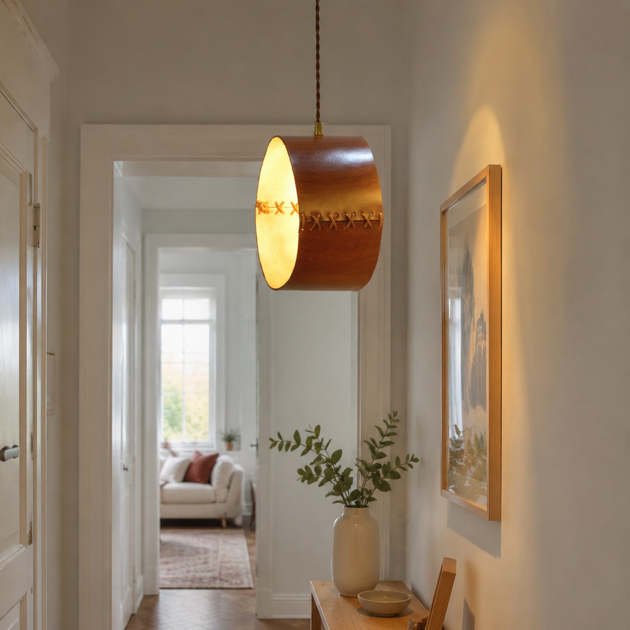Hand-laced leather cylinder pendant light in an interior setting