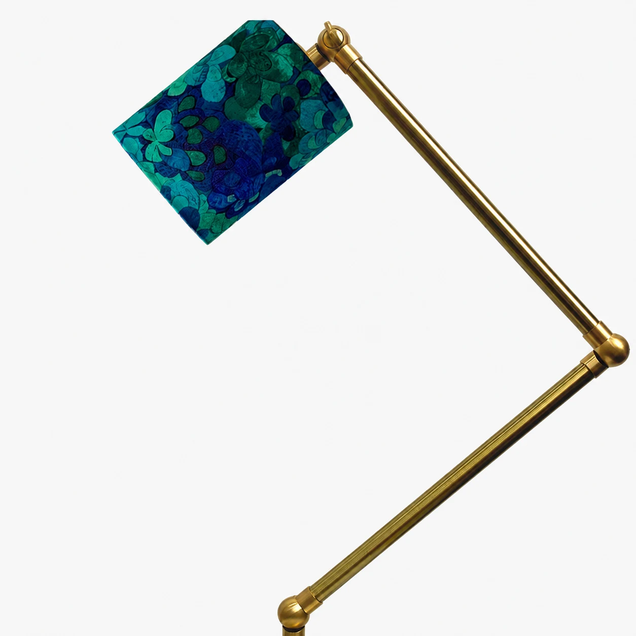 Double jointed brass-tone lamp arm with blue green floral shade