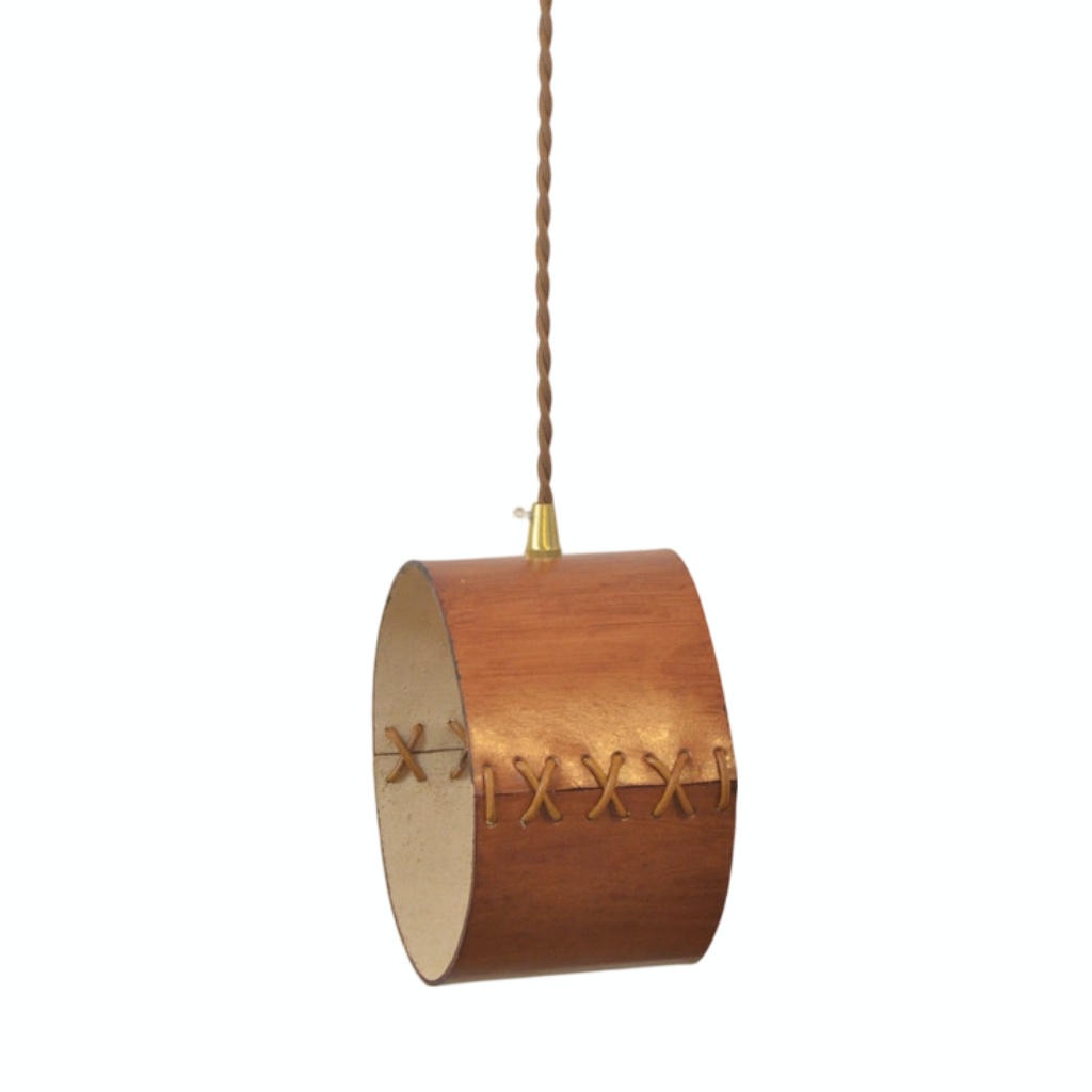 Brown large leather cylinder pendant light