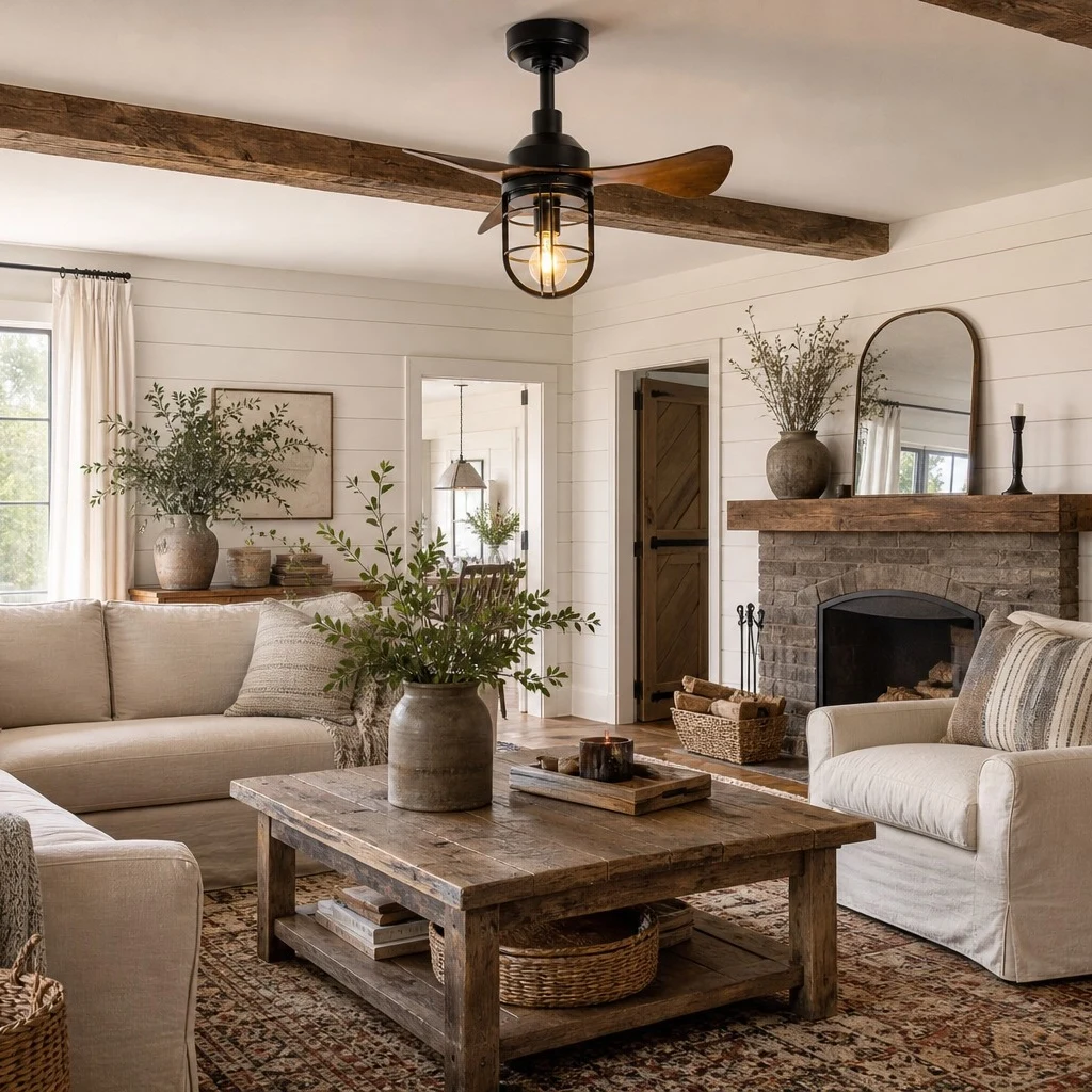 rustic ceiling fan light installed in a small living room