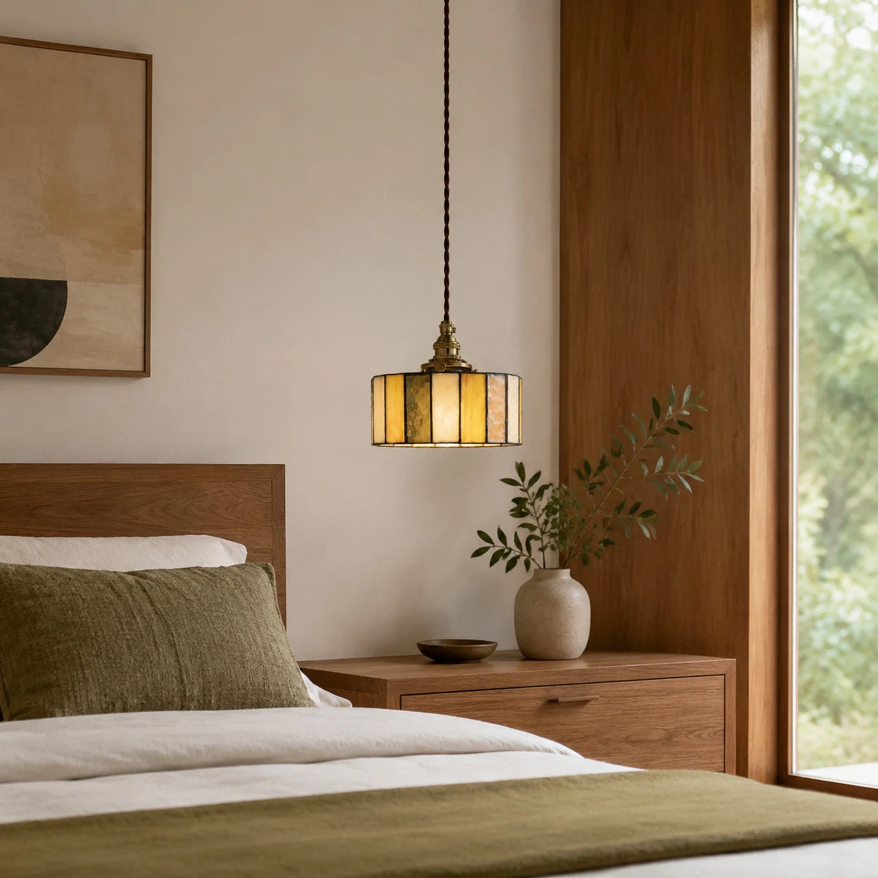 Compact stained glass pendant lamp beside a wood bedroom setting