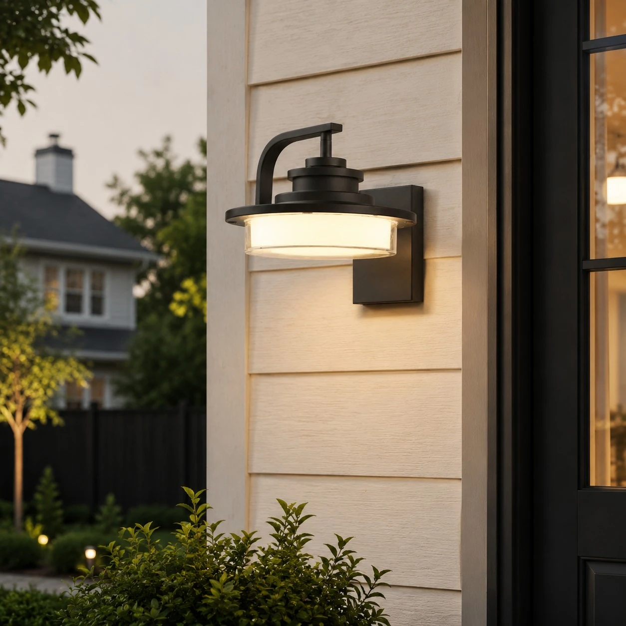 Square outdoor wall light installed beside a front door