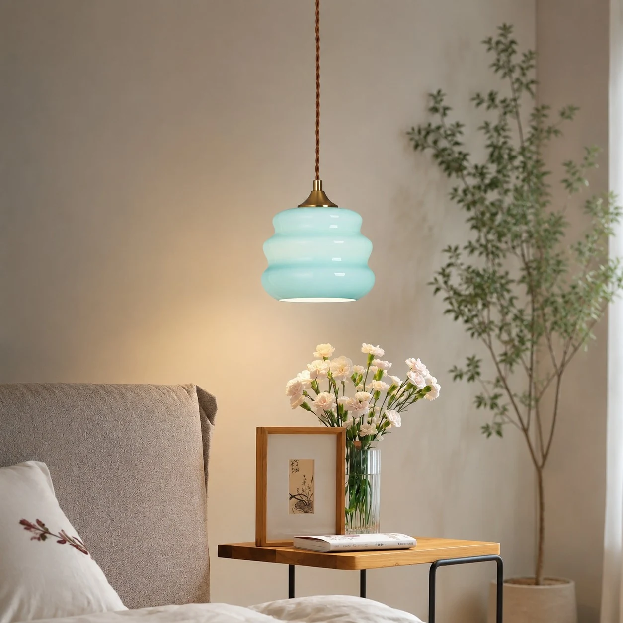 Pendant light glowing in a bedroom corner