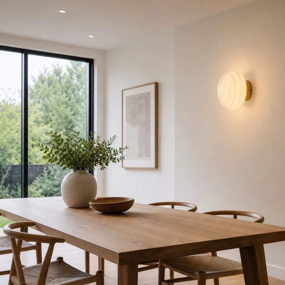 Cream ribbed glass wall sconce in a dining room