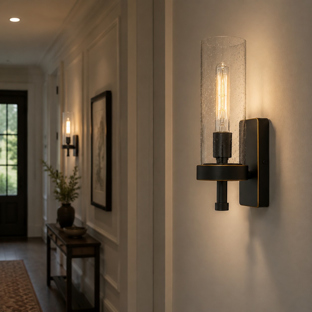 Wall sconce used along a hallway