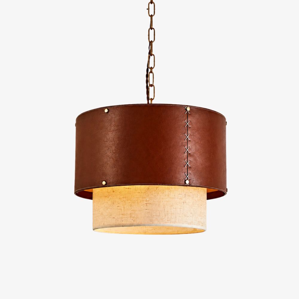 Brown leather drum shade pendant light with brass finish