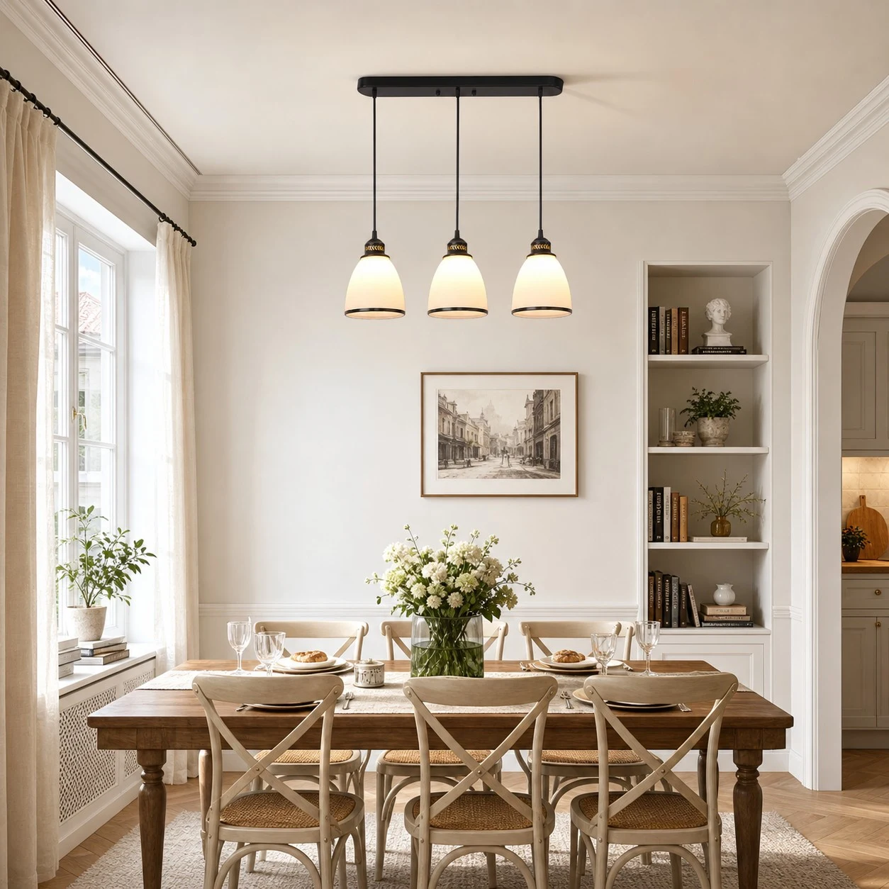 Linear pendant installed above a 6-seat dining table