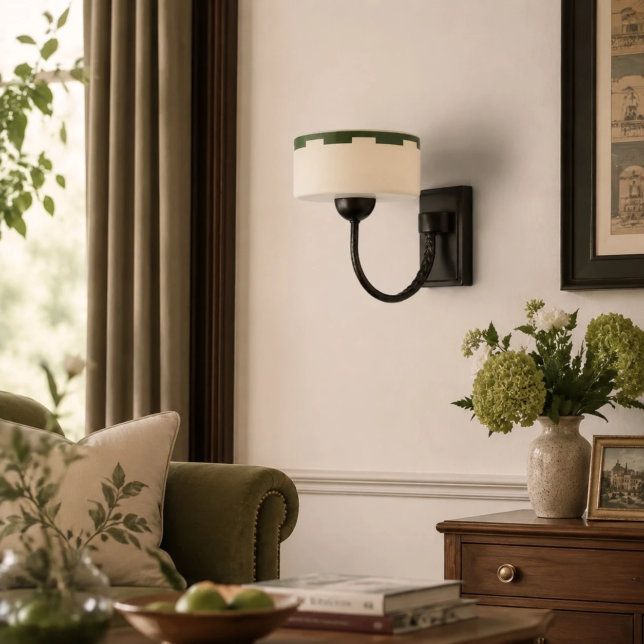 Pale Beige wall sconce installed in a living room corner