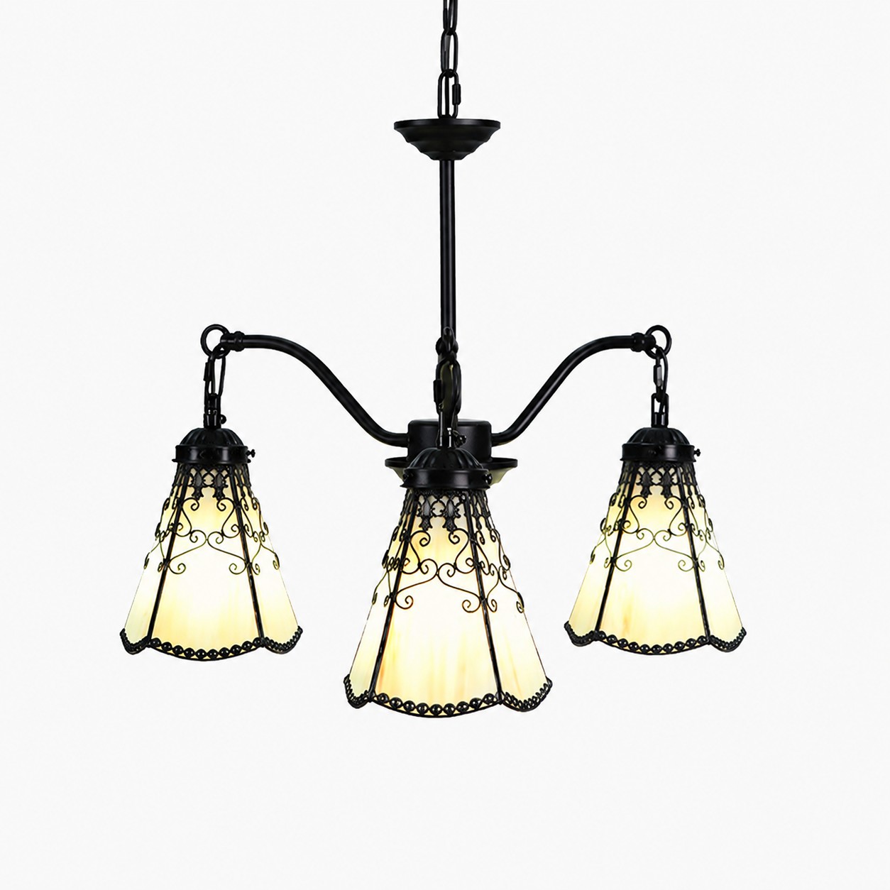Light yellow Tiffany-style three light chandelier