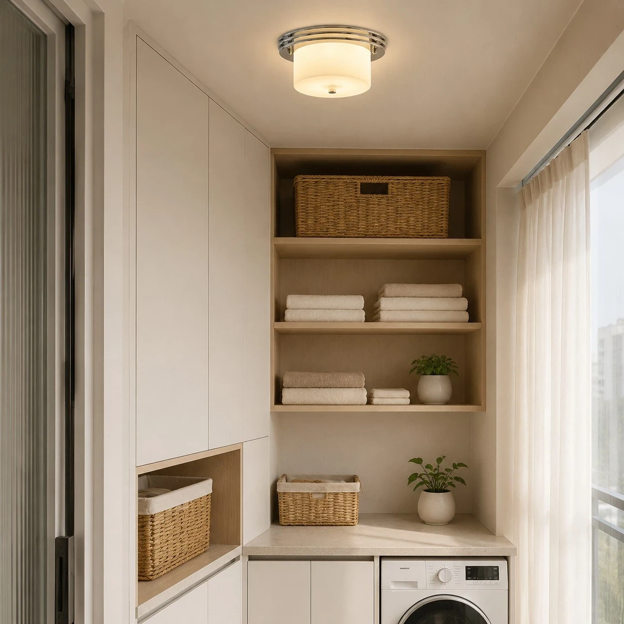 Compact flush mount ceiling fixture installed in a wardrobe balcony area