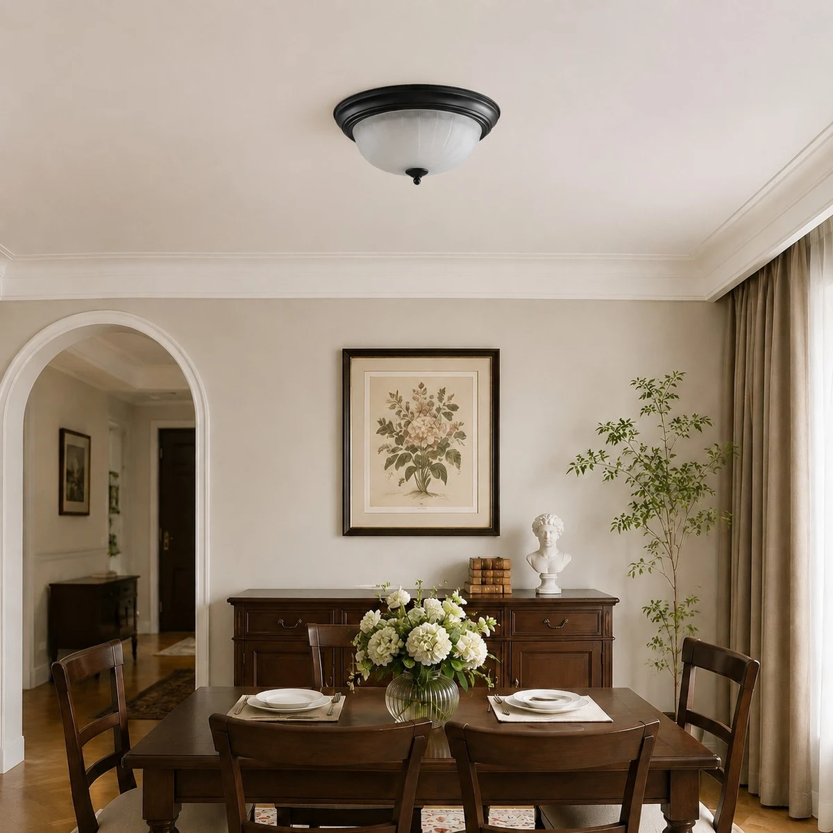 Vintage flush mount ceiling light installed above a dining table