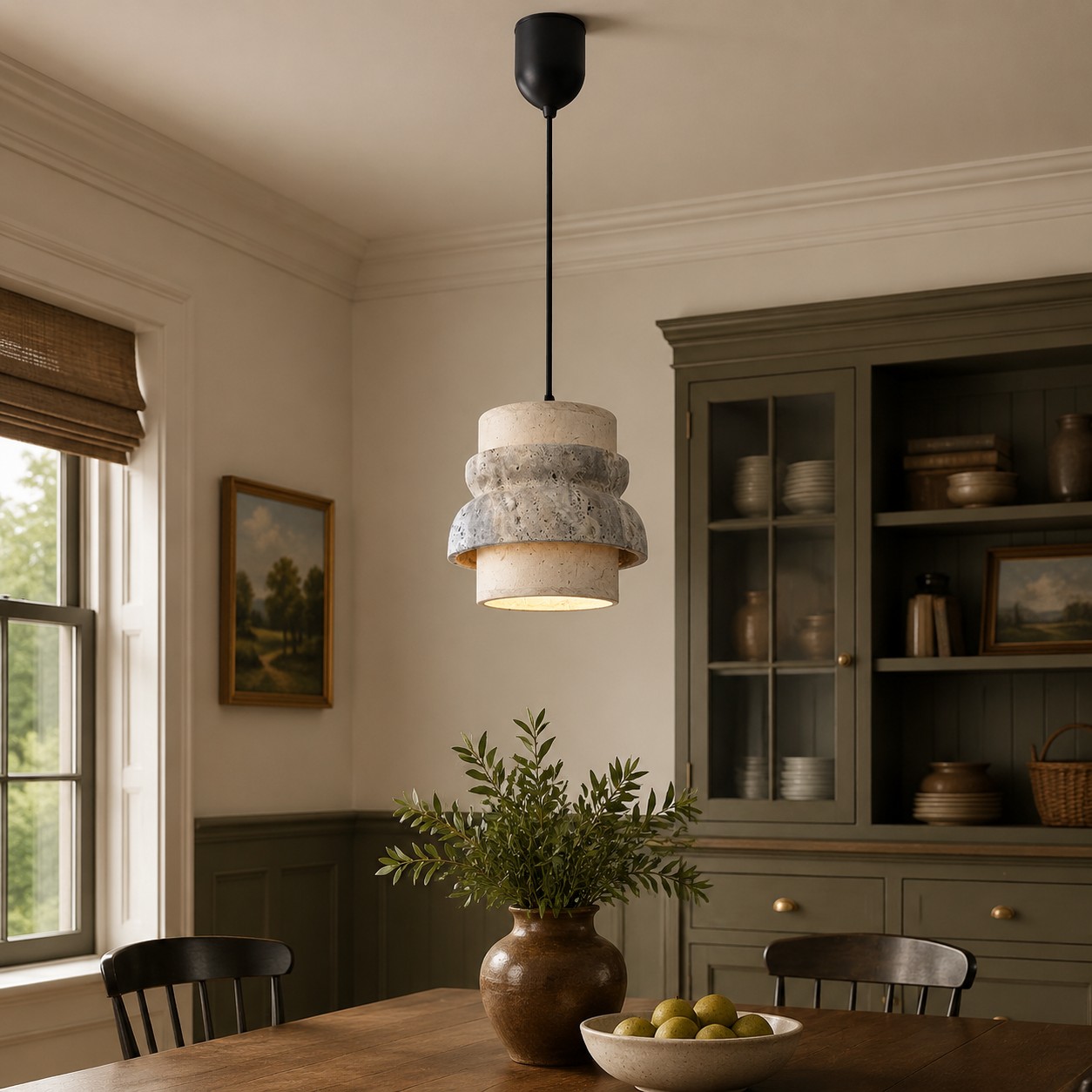 Style A gray travertine stone pendant in a dining room