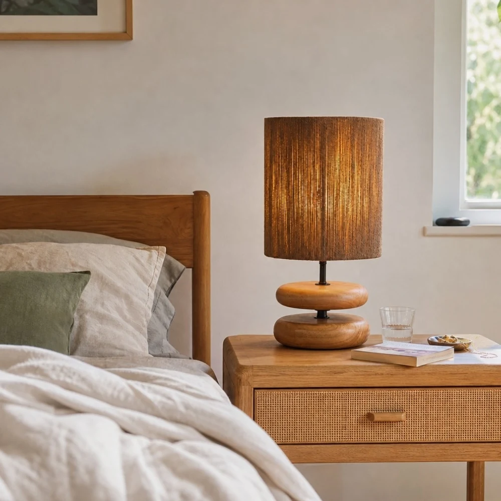 Walnut tone table lamp on a nightstand in a calm bedroom