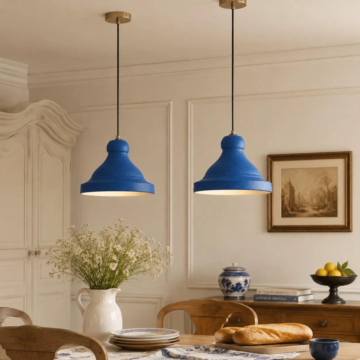 Blue metal pendant lamps in a dining room scene