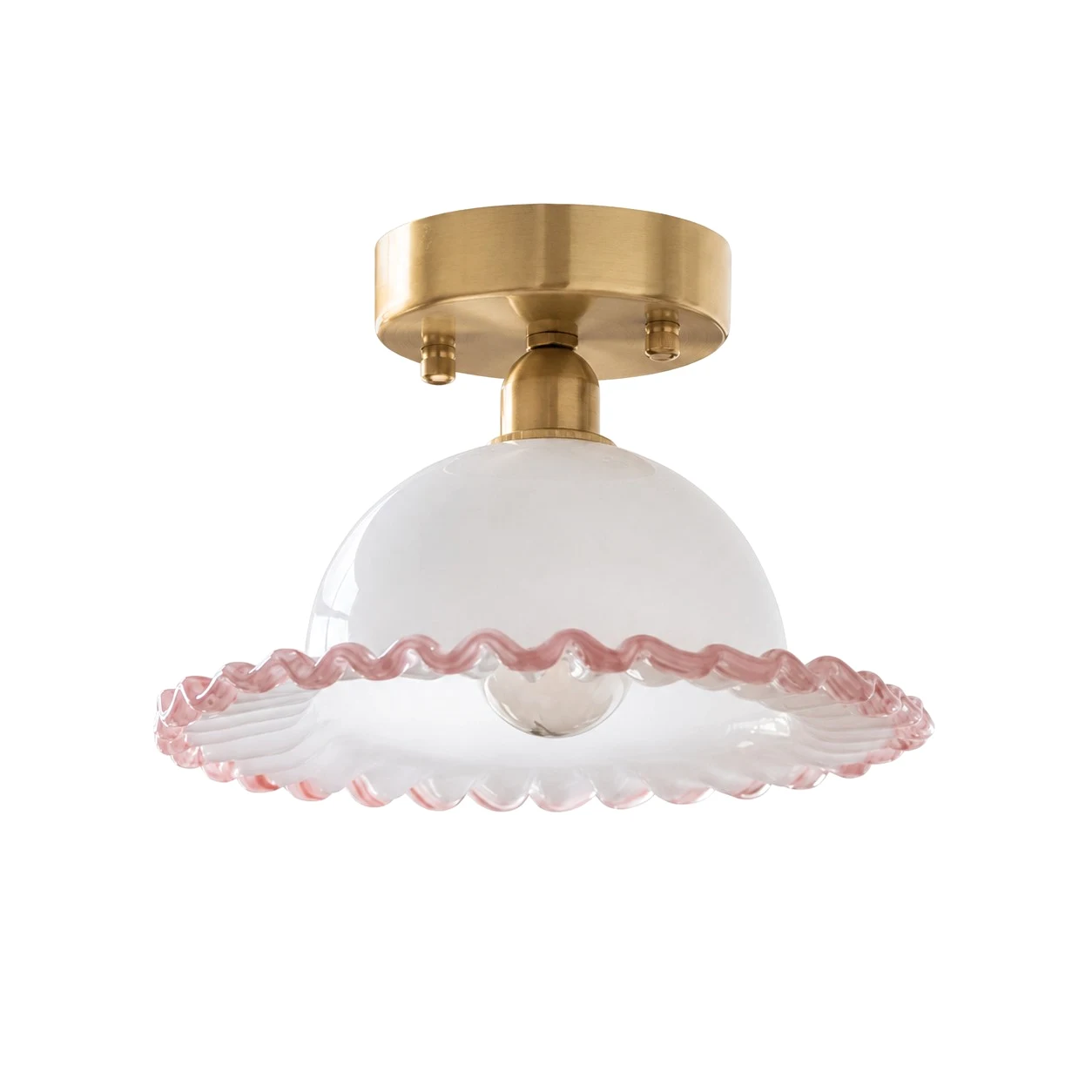 flush mount version with brass canopy and pink rimmed ruffled glass shade