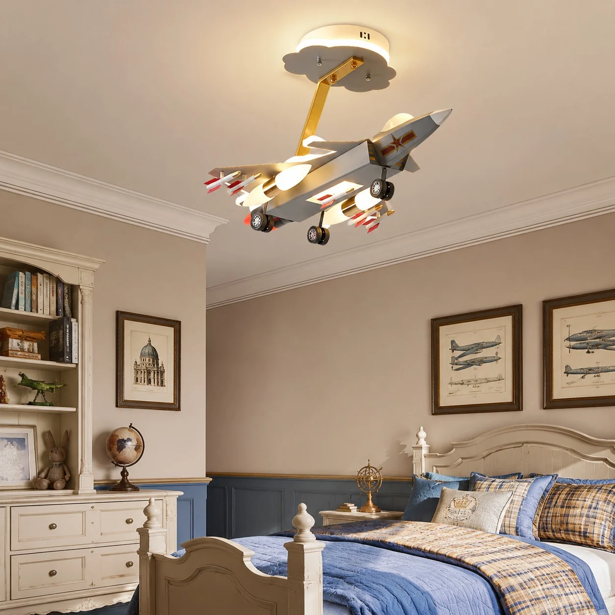 Airplane ceiling light in a classic child bedroom