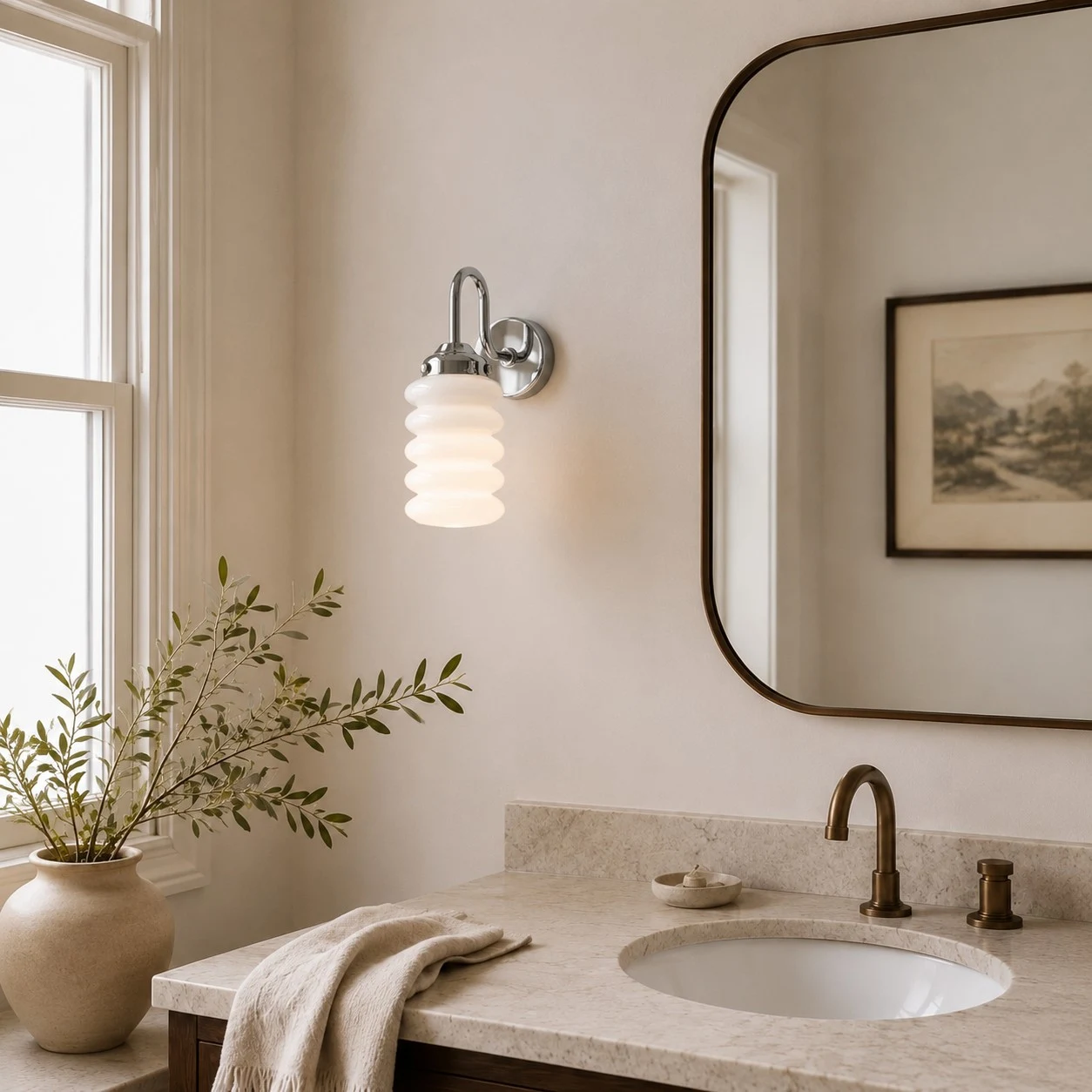 Chrome ribbed glass wall sconce installed beside a bathroom mirror