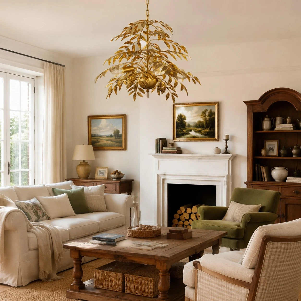 Gold tiered palm leaf chandelier in a country living room