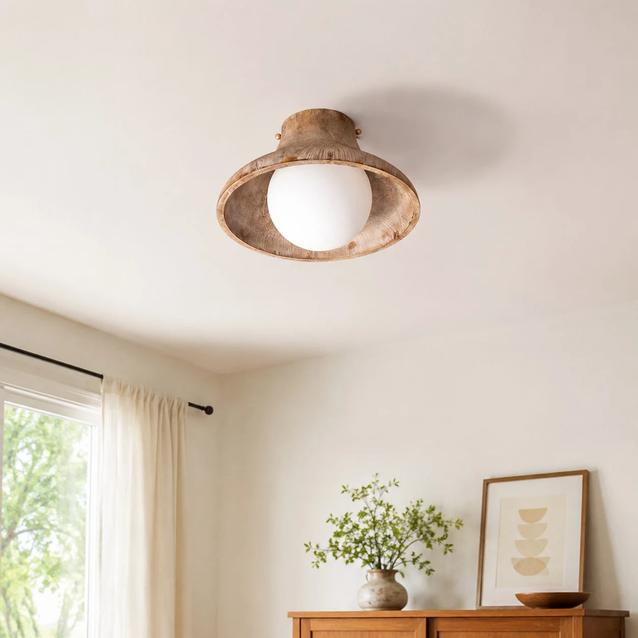 Natural wood ceiling light above a bright corner