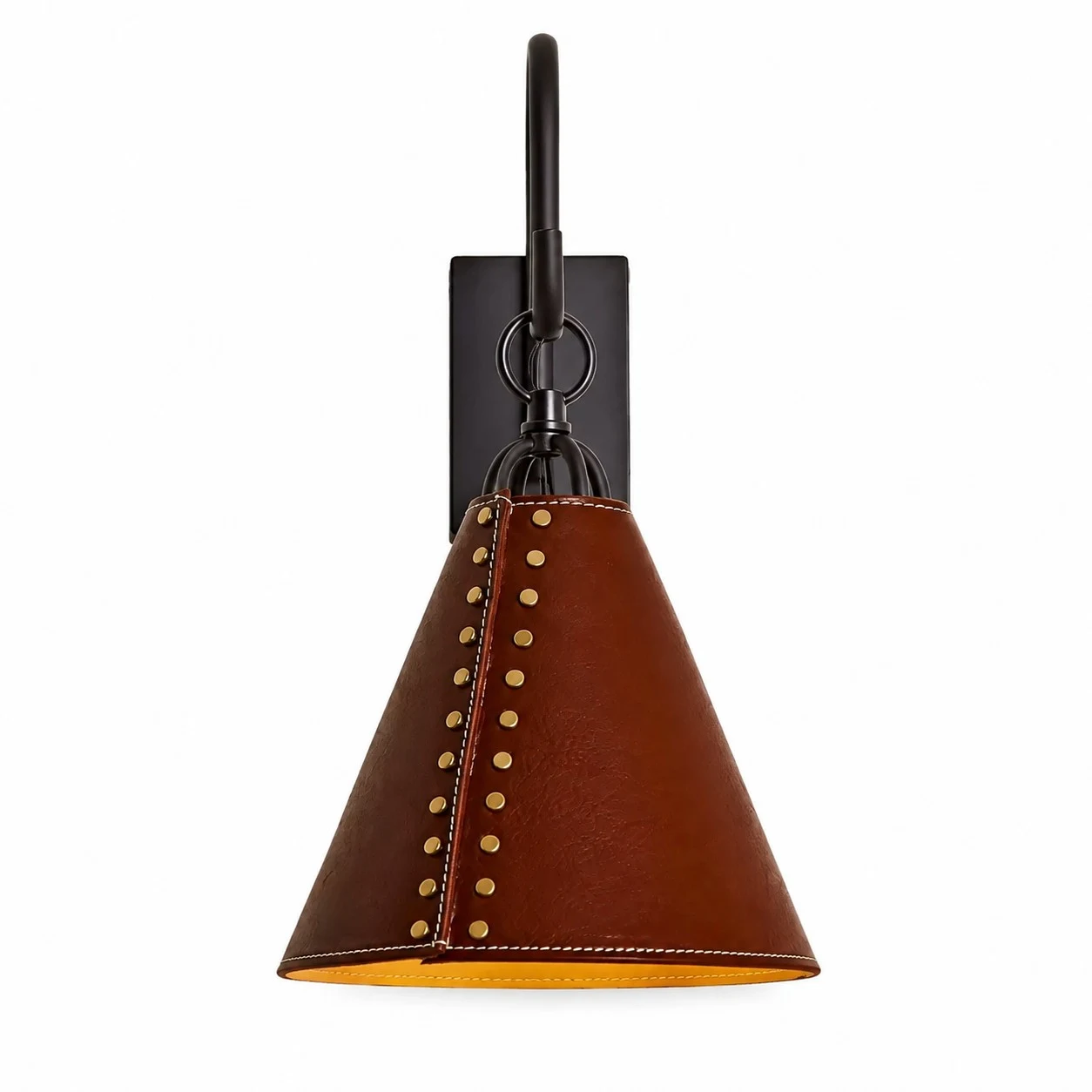 Close view of suspended red leather shade hanging from a black metal hook