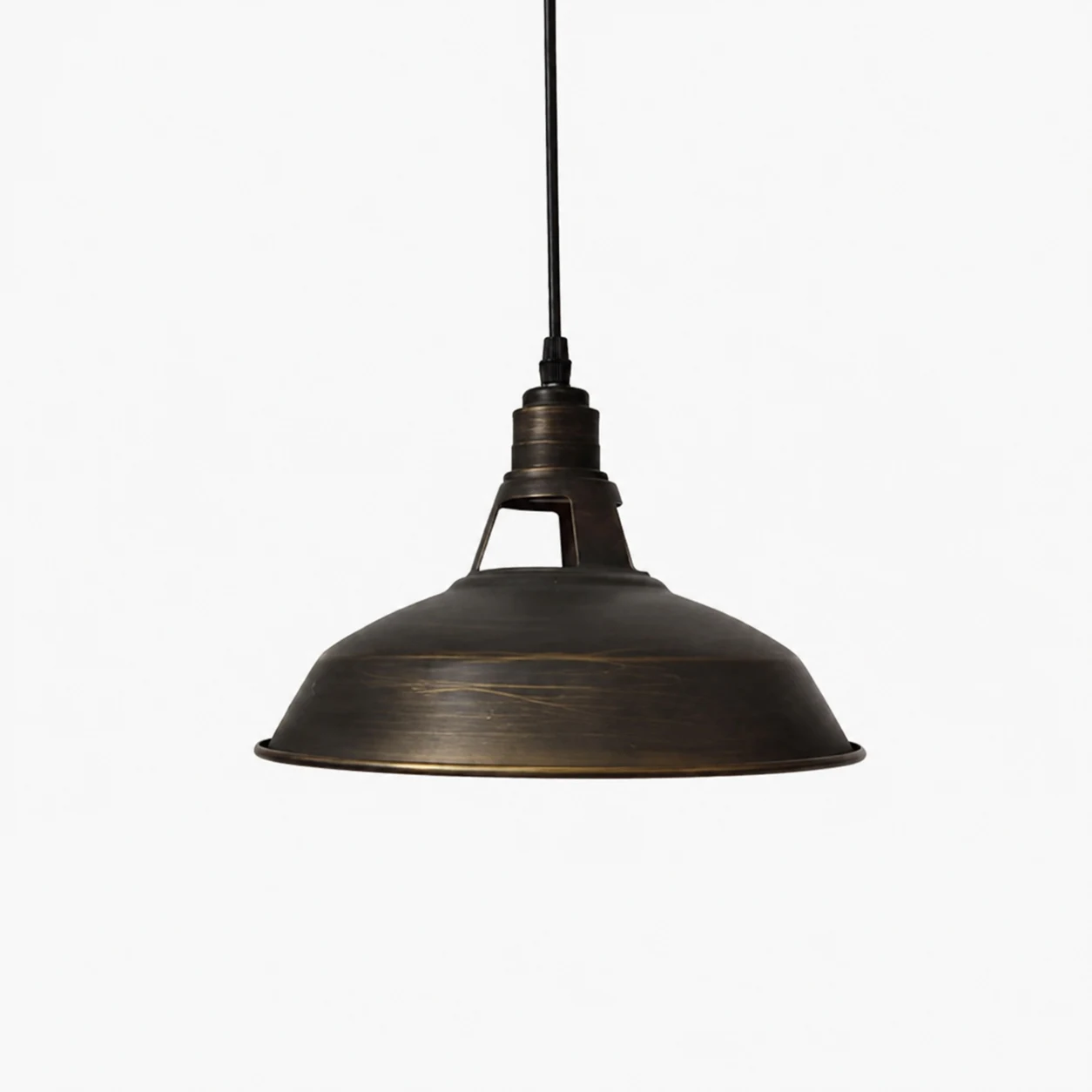 Antique brass wide metal pendant lamp on white background