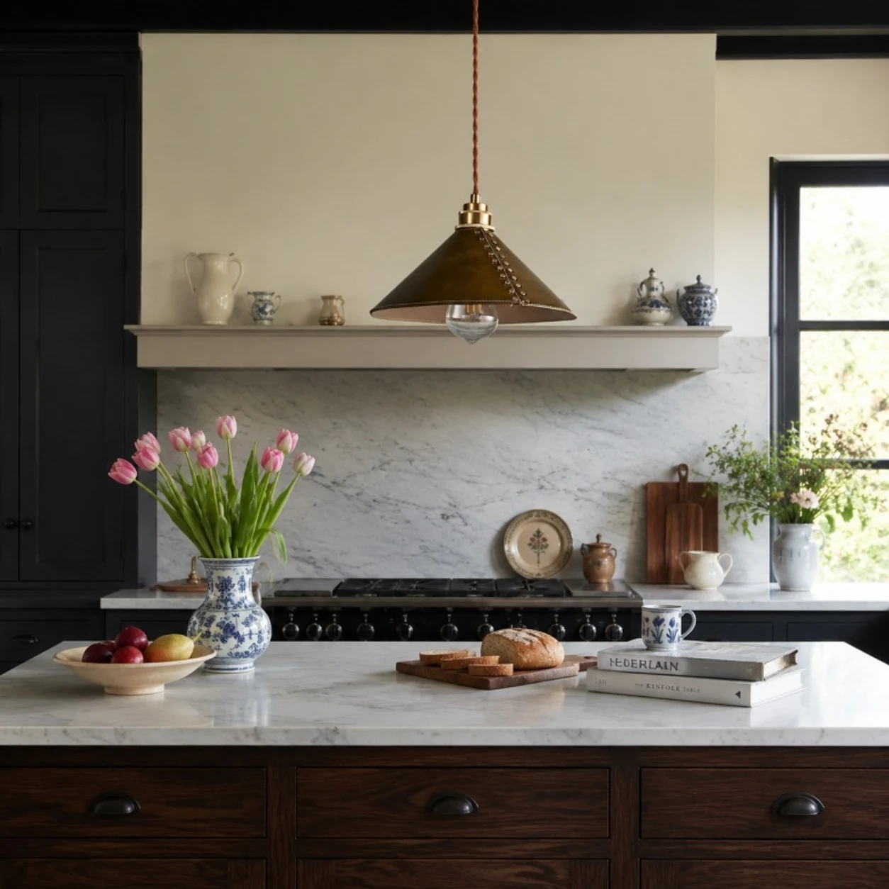 Brown leather pendant lamp in a warm kitchen setting