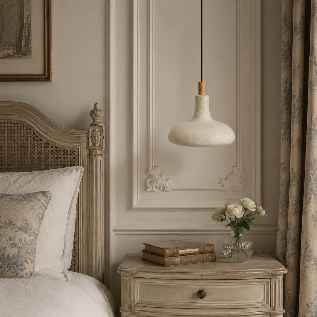 Pendant lamp installed above a bedside table in a soft European bedroom
