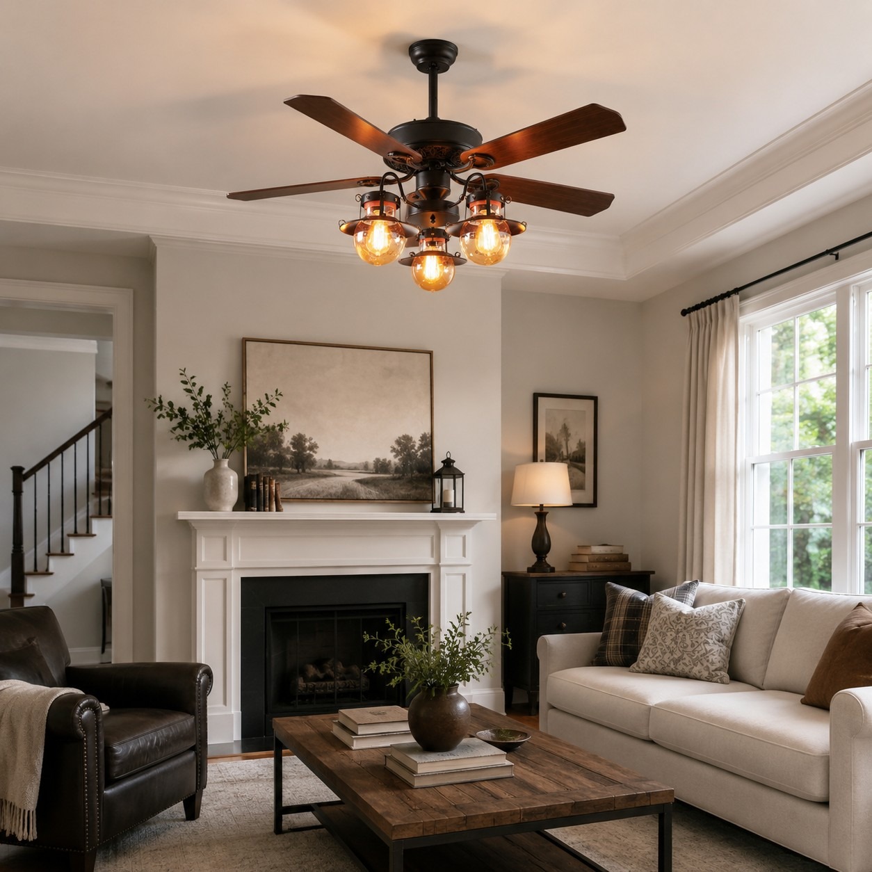 Ceiling fan light in a bright living room