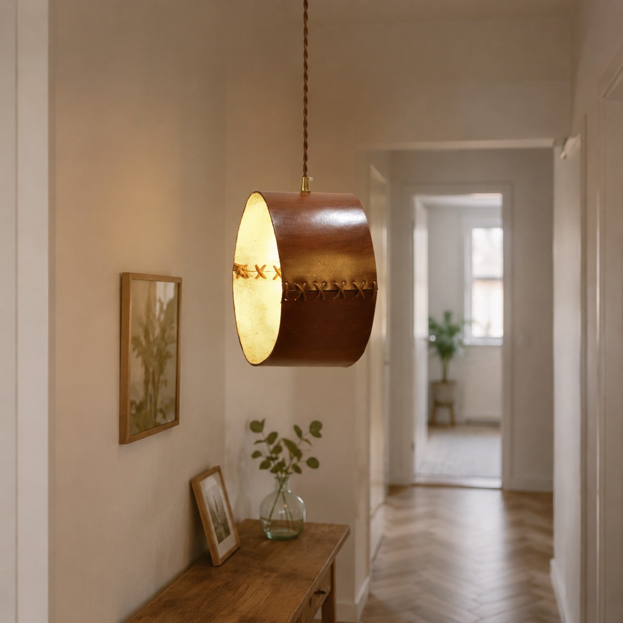 Hand-laced leather cylinder pendant light in an interior setting