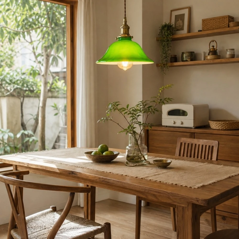 Green glass pendant lamp in a dining room setting
