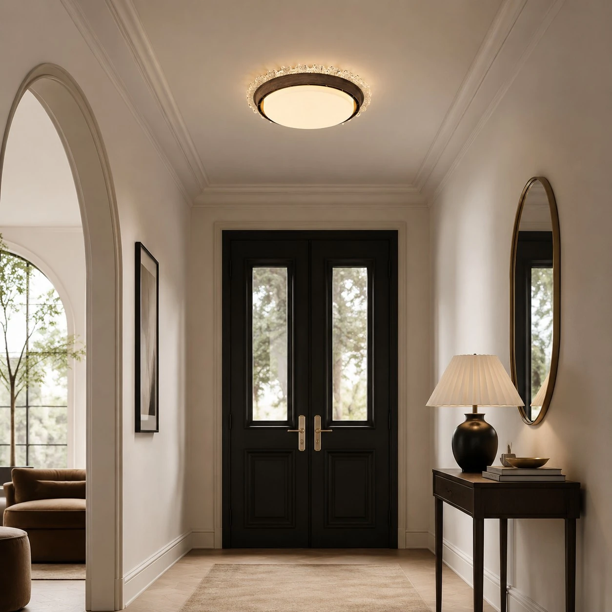 Flush mount ceiling fan light in an entryway