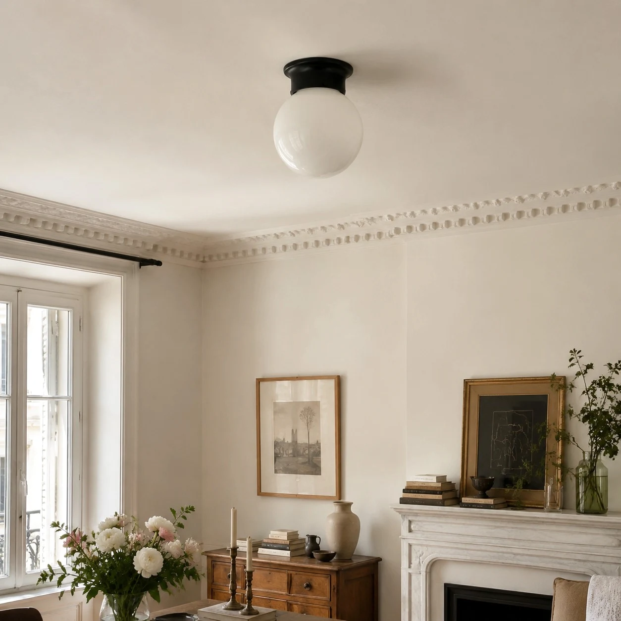 Minimalist glass ceiling lamp installed in a bright living room