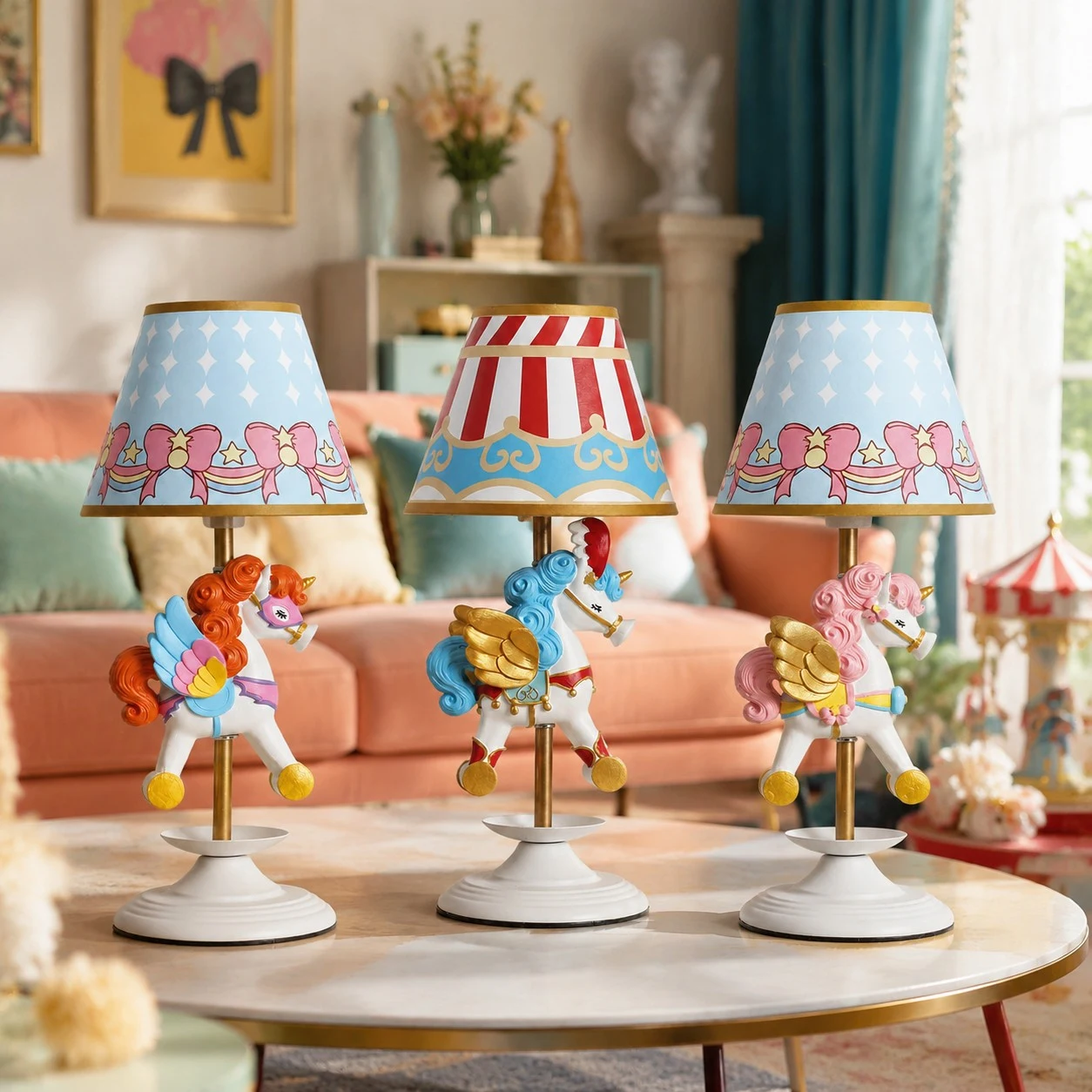 Three carousel unicorn table lamp styles in a nursery scene