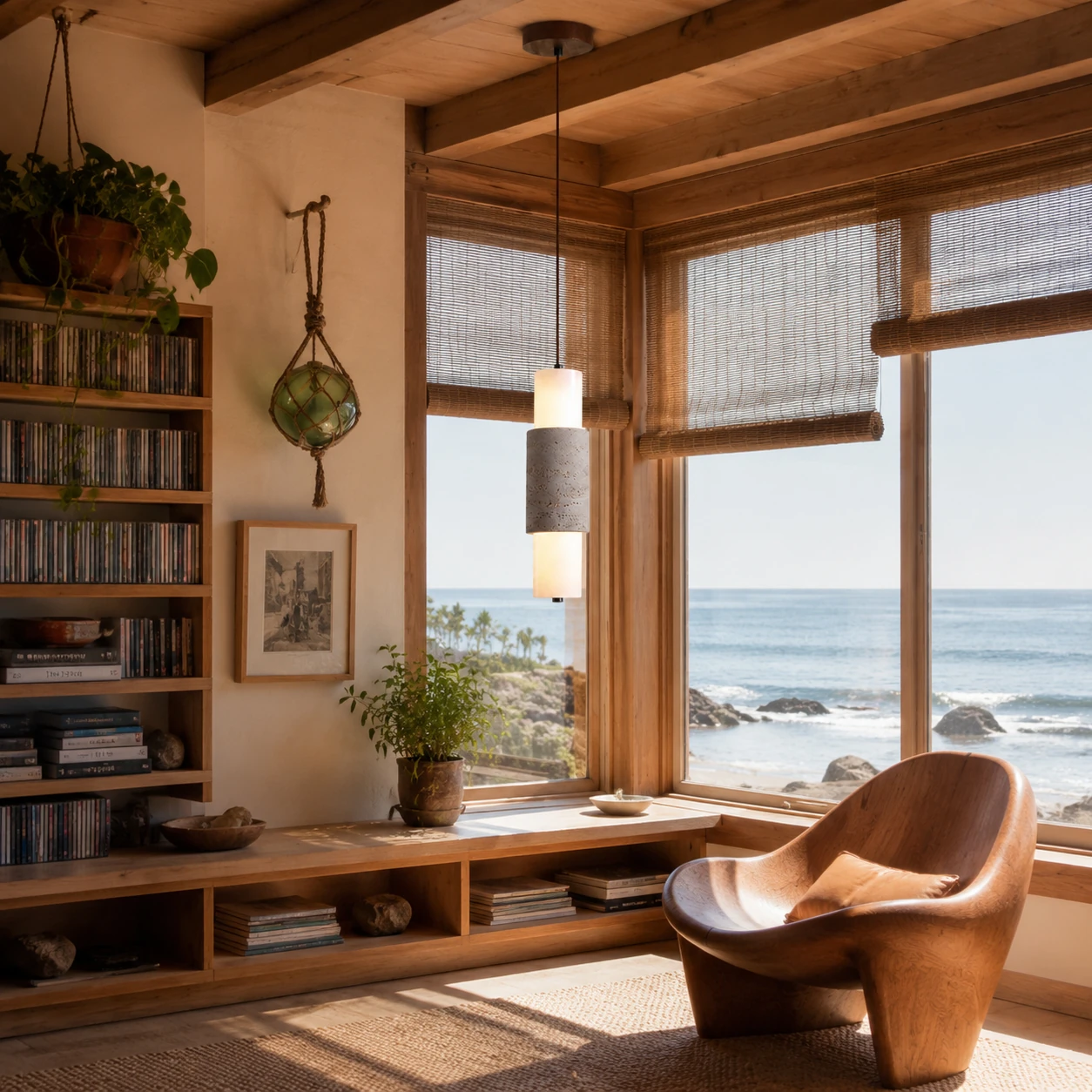 Travertine pendant lamp beside a coastal reading corner