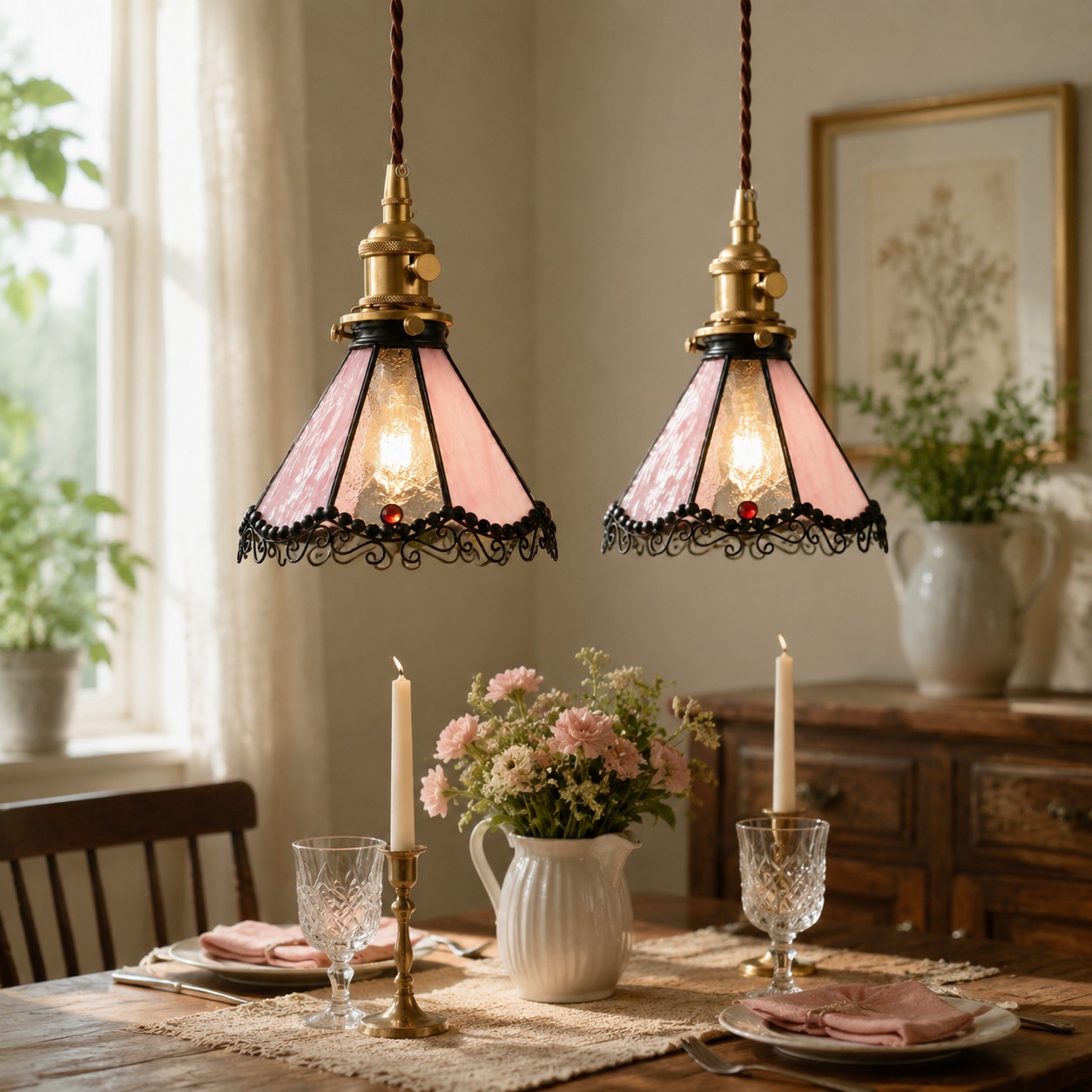 Pair of pink stained glass pendants above a dining table