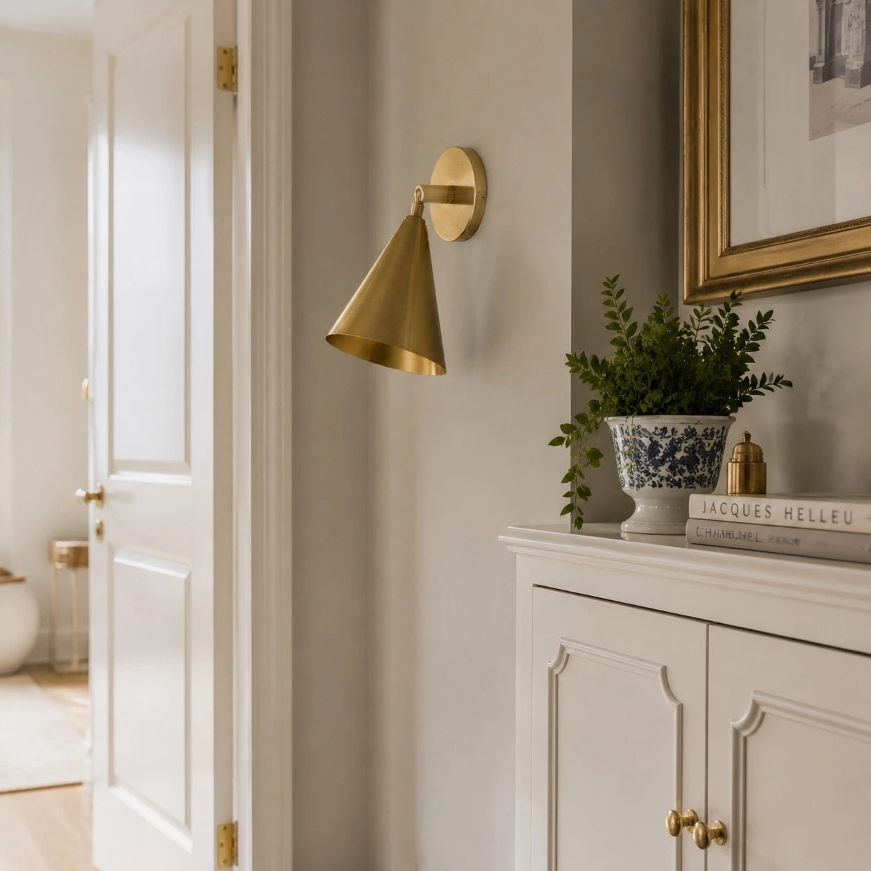 Natural brass wall light in a soft hallway setting