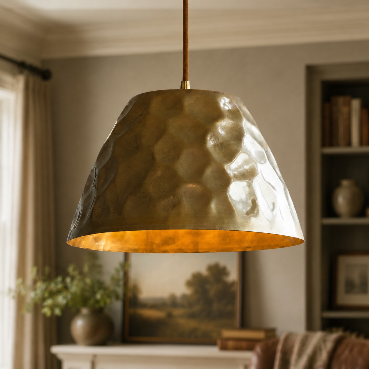 Hammered brass pendant light hanging in a warm living room interior